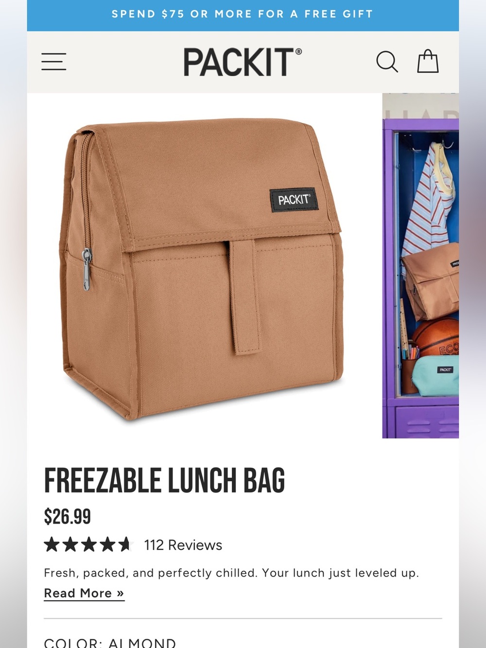 PACKIT Freezable Lunch Bag in Almond NWT NEVER USED